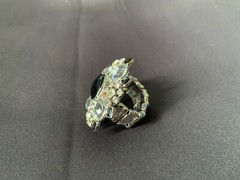 Brand New Stretchable Band Silvertone with Black Stones Ring Costume Jewelry