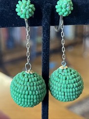 Vintage Green Glass Seed Bead Dangle Drop Clip On Earrings Go Go Style 2”