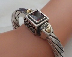 STERLING & 14KT HINGED BRACELET W, RED STONE WT. 38 GRAMS