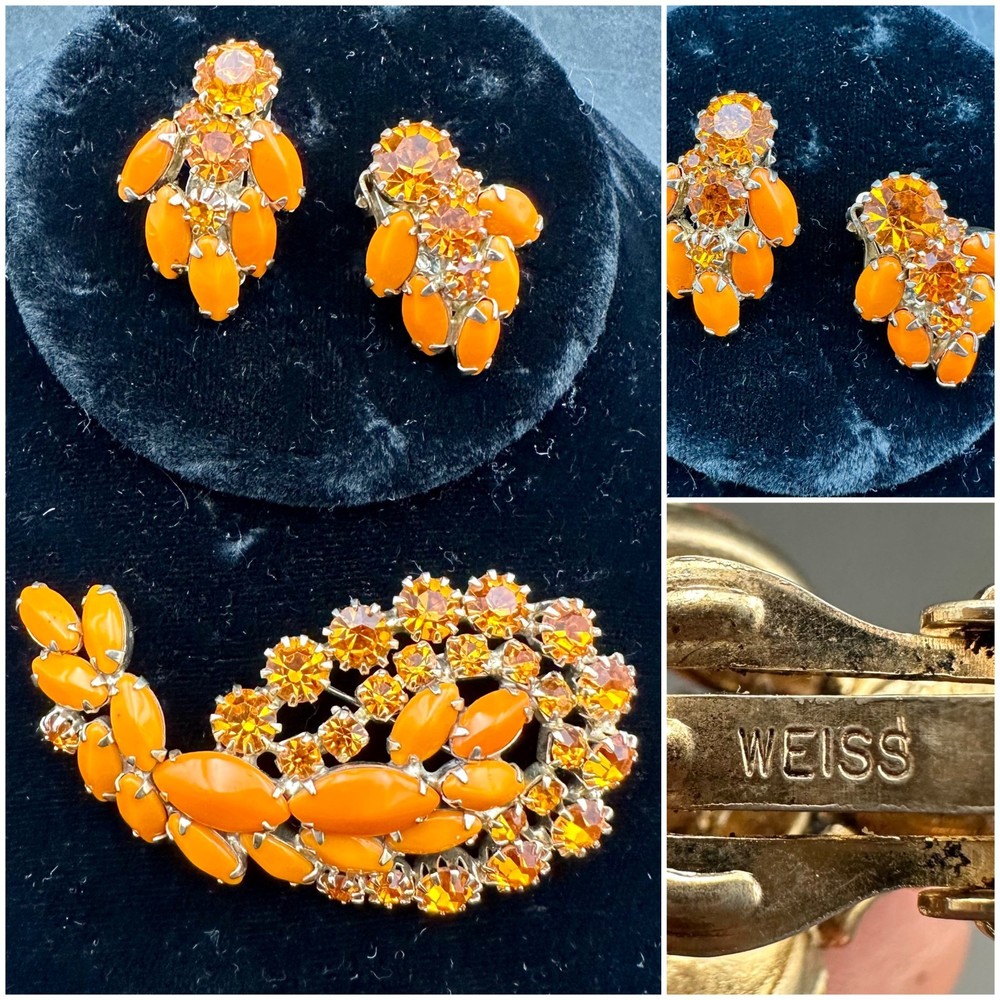 Vintage WEISS Bright Orange Rhinestone Brooch & Clip-on Earrings Jewelry Set