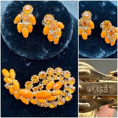 Vintage WEISS Bright Orange Rhinestone Brooch & Clip-on Earrings Jewelry Set