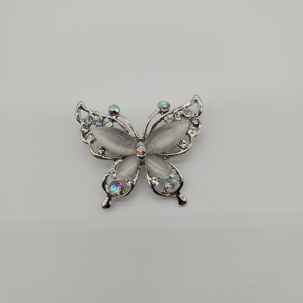 Vintage Small Silver Tone Butterfly Brooch with Clear and AB Rhinestones