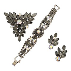 Vintage Bracelet Brooch Earring Set Smoky Gray AB Rhinestone Silver Tone