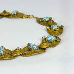 Vintage Czech Brass Blue Confetti Soapstone Cabochon Art Deco Revival Necklace