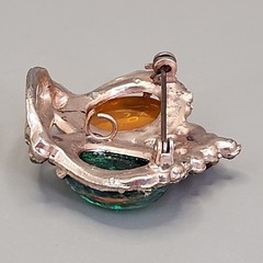 Vintage Rhinestone Crown Brooch Green Confetti Orange Oval Cabochon 37mm