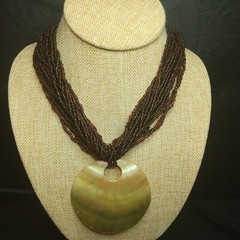 Vintage Brown Glass Seed Beads Necklace Shell Pendent. 4445