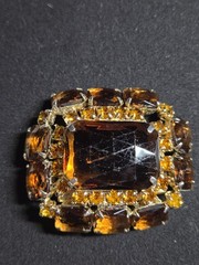 Vintage Amber Topaz Rhinestone Brooch Gold Tone Glass Statement Pin 1960s