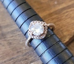 Vtg Gold Tone Engagement Ring, Clear Stone Halo Setting Pave Band, Size 4.25