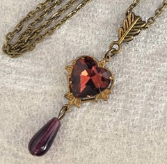 Vintage Necklace Art Nouveau Rhinestone Heart Pendant Amethyst Czech Glass Drop