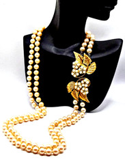 Vintage Celebrity NY 2 Strand Faux Pearl Necklace Floral Rhinestone, Pearl Clasp