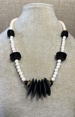Vintage 18” Bone Wood Disc Horn Glass Beaded Artistic Necklace Cream Black