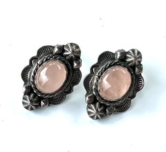 Vintage Rose Quartz Southwestern Stud Earrings Tested As Sterling Silver #22