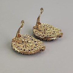 Vintage Flower Clip On Earrings Glass Transferware Germany Gold Tone Filigree