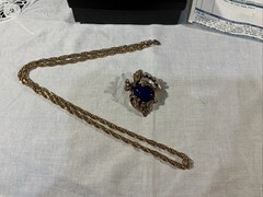Vintage “Erwin Pearl” Signed Blue Lapis Brooch Pin 30” Erwin Goldtone Necklace