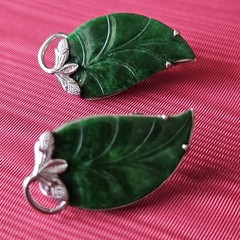 RARE Solid 14k White Gold Carved Spinach Green Jade Large Vintage Earrings