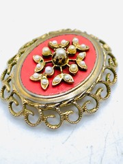 VTG Coro Faux Pearl Salmon Color Enamel Filigree 1950s 1960s Brooch