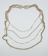 Vtg-Multi-Layer GOLD TONE-Chain NECKLACE-Faux Pearls-LONG LAYERED-Statement