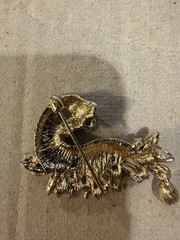VTG Black and Gold Tiger Rhinestone/CZ Brooch Green CZ Eyes Black Enamel