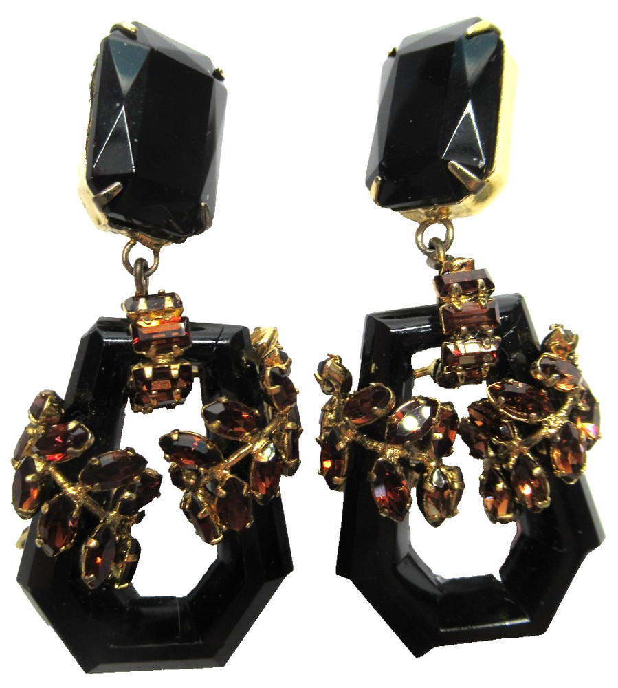 SCHREINER Black Hoop Rootbeer Wrapped Rhinestone Vintage Clip Earrings