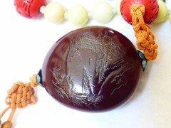 CHINESE VINTAGE CINNABAR JADE BEAD NECKLACE CARVED AMBER PENDANT, Silver Clasp