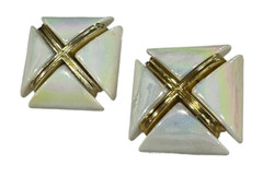 Vtg 1980s 1990s Chunky X Design White Gold Iridescent Statement Clip On Earrings