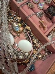 Small Vintage Wood And Glass Jewelry Box With Jewelry Lot Wearable Nice!!