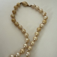 Marvella Pearls Faux Necklace Long Stamped Gold Tone Vintage Jewelry