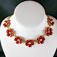 ETC! Red Enamel Flower Necklace Floral Links Crystal Center Gold Tone Fashion