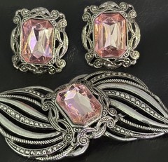 Vintage Brooch Earrings Set Pierced Pink Rhinestone Leaf Flowers Open Work.