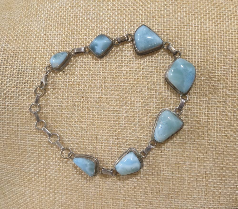925 Sterling Silver Larimar Blue Stone Link Bracelet 9.5″ 7.95g Adjustable
