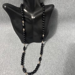 Vintage Sterling Silver And Black Onyx Necklace Beaded Ball Cocktail 25”