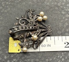 Vintage Sterling Silver 925 Marcasite Pearl Basket Brooch Pin