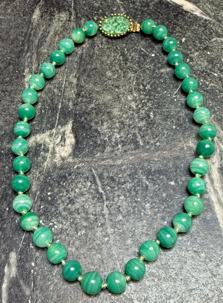 Vintage Joseph Mazer Faux Jade Bead Necklace with Intricate Clasp – As-Is