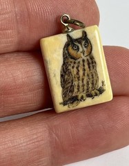 Vintage Hand Made Etched Great Horned Owl Pendent Ceramic Charm .5 Inches