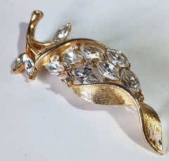 Lot of 3 Vintage Brushed Gold-tone White Rhinestone Brooches
