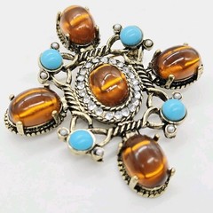 Gripoix Maltese Cross Brooch Pin Amber Blue Gold tone Statement Cabochon 2.25 in