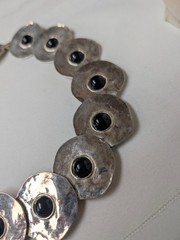 Vintage Silver Toned Hammered Faux Onyx Cab Dramatic Statement Choker Necklace