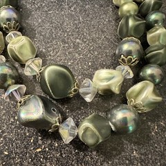 DOUBLE STRAND SHADES OF GREEN BEAD NECKLACE WITH PLASTIC CRYSTAL ACCENTS