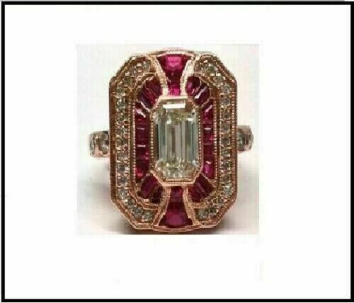 3.2Ct Vintage Art Deco Style Ruby & Lab Created Diamond Wedding 14K Gold FN Ring
