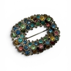VTG Pot Metal Multi Color Rhinestone Brooch Pin Oval Fruit Salad UV Glow Glass