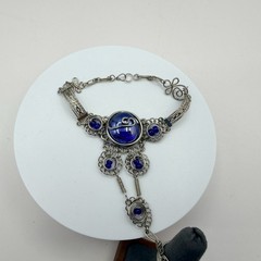 Vintage Silver Tone Slave Bracelet Ring Set Blue Cabochon Stone Boho Filigree