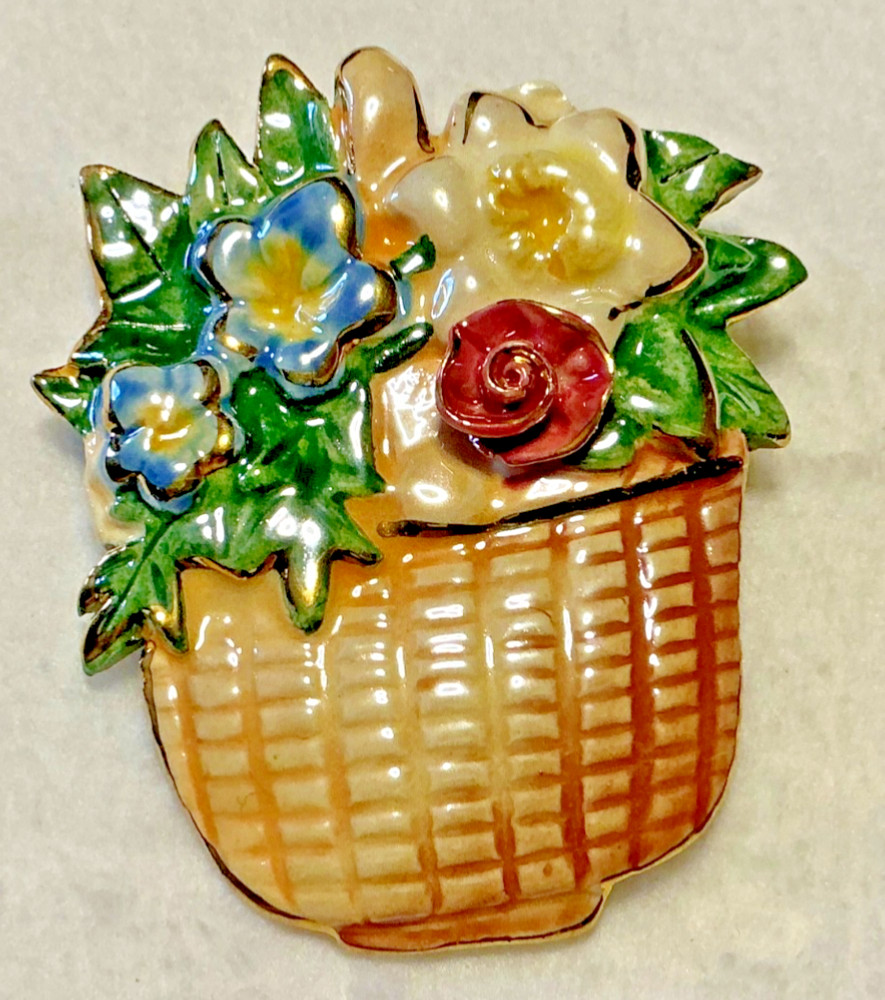 Vintage Ceramic Chalk Gorgeous Garden Flower Basket Homemade Brooch