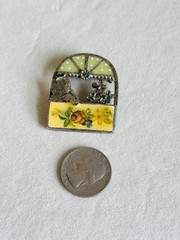 Vintage Kenneth Cole KC Sleeping Cat Window Brooch Enamel Floral Rhinestone Pin