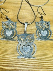 Vintage Sterling Silver Handmade Cut Out Owl Earrings And 22” Pendant Necklace