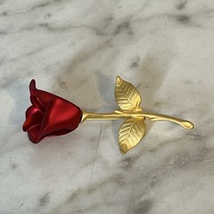 Vintage Rose Brooch Matte Gold Tone Stem Shiny Deep Red Rose 2.25in Pin