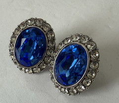 Yves Saint Laurent YSL Blue Faux Sapphire Faceted Cabochon Rhinestone Earrings