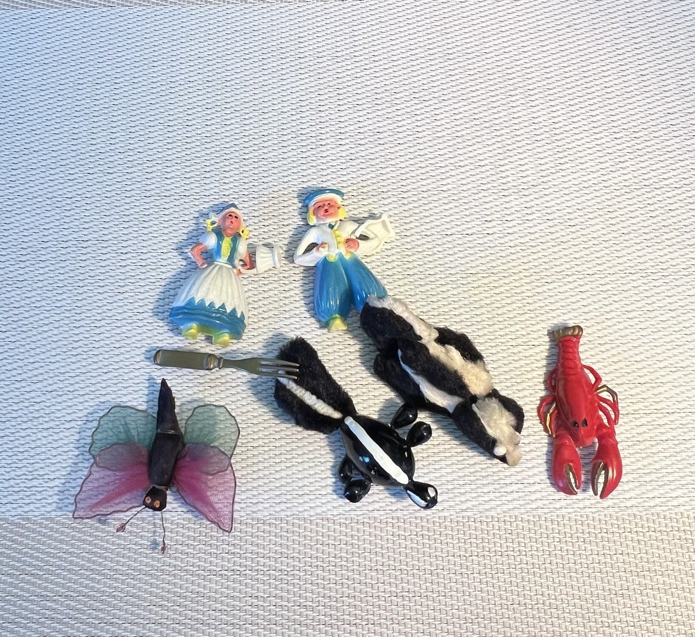 Vintage Brooch Pin Lot Of 7 Fun Pins | Crab Fork Skunks Dutch Kids Butterfly