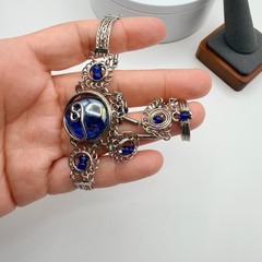 Vintage Silver Tone Slave Bracelet Ring Set Blue Cabochon Stone Boho Filigree