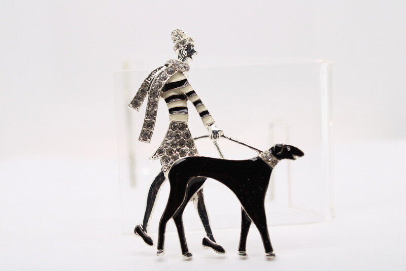 Pet Friends Rhinestone Enamel Brooch Silver Tone Woman Walking Dog Art Deco FREE