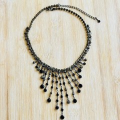 VTG Victorian Goth Style Black Glass Necklace Brass Waterfall Cascade Open Bezel